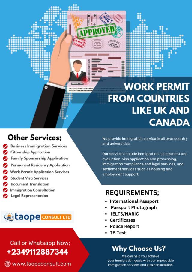 Work Permit From Countries Like UK And Canada -  Call 09112887344