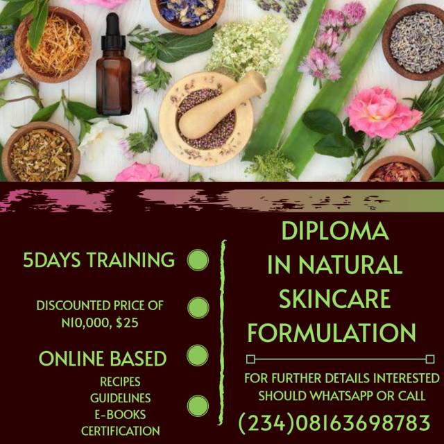 Get Diploma For 5 Days Training On Natural Skincare Formulation CALL 08163698783