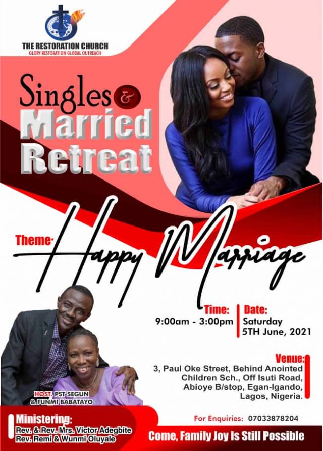 JOIN OUR SINGLES AND MARRIED RETREAT - CALL 07033878204